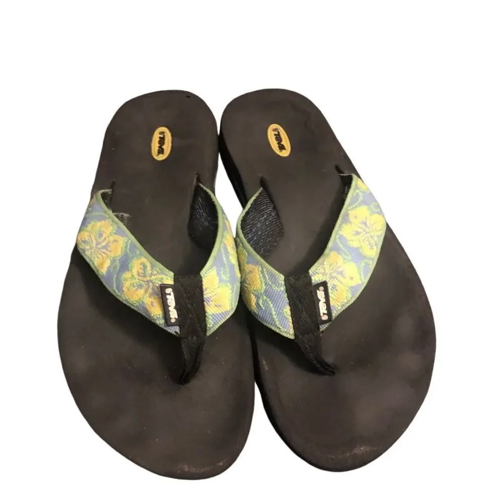 Teva Mush Low Heel Height Thong Sandals Blue Yellow Green Floral  Women’s 10
